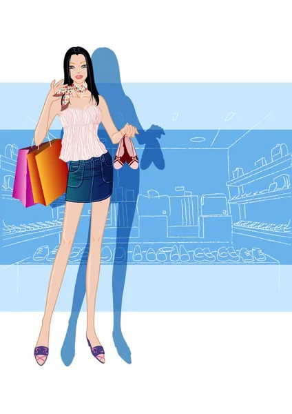 Fashionabel Kvinna Med Shoppingväskor — Stock vektor