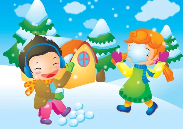 Boy Throwing Snowball Girl — Stock Vector