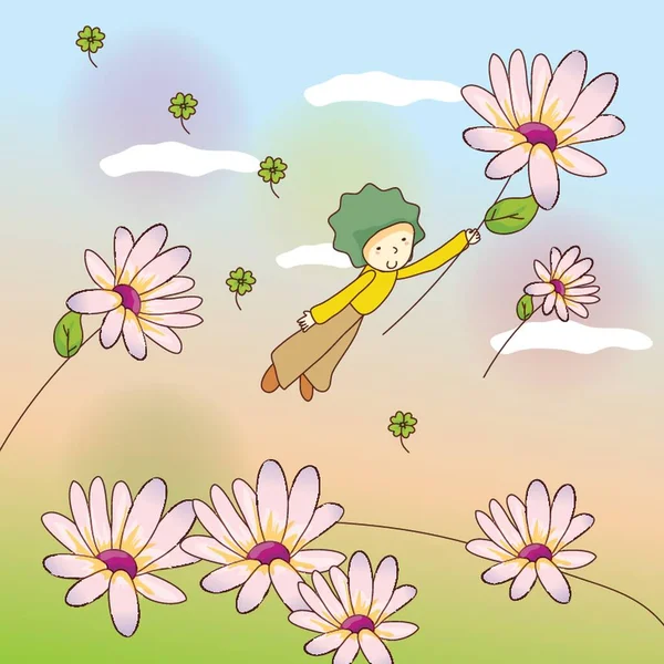 Девушка Держащая Руках Цветок Летящая — стоковый вектор