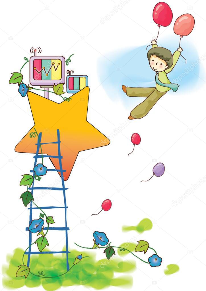 boy flying with balloons