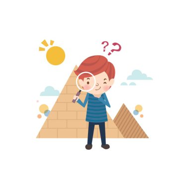 Okullu çocuk büyüteçten bakıyor.