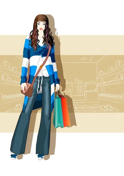 Fashionable Woman Shopping Bags — Stock Vector