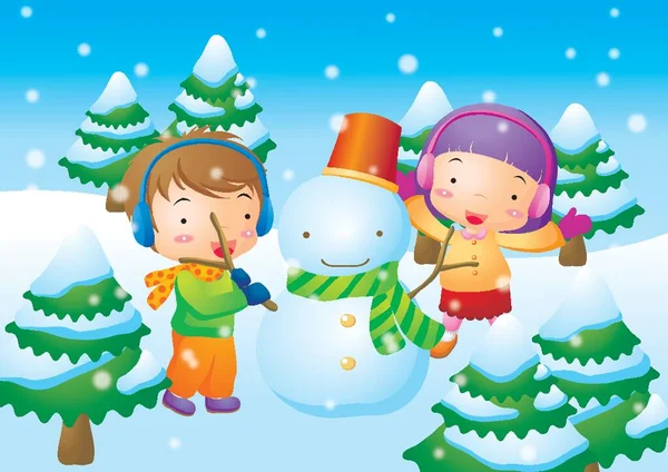 与雪人玩耍的孩子 — 图库矢量图片