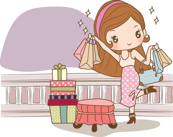 Mädchen Mit Einkaufstaschen Und Geschenkboxen — Stockvektor