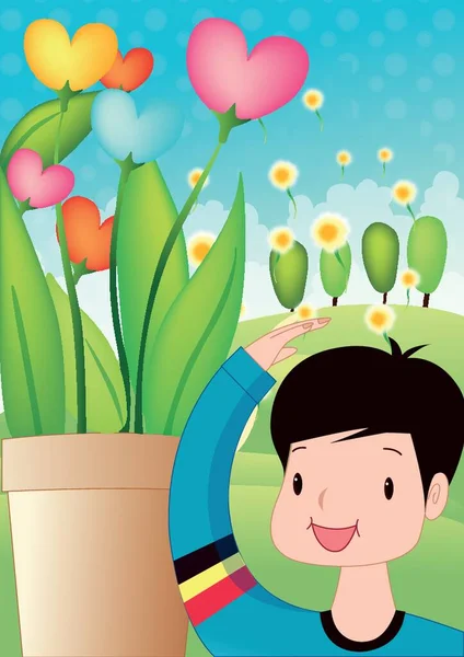 boy standing near the potted plant