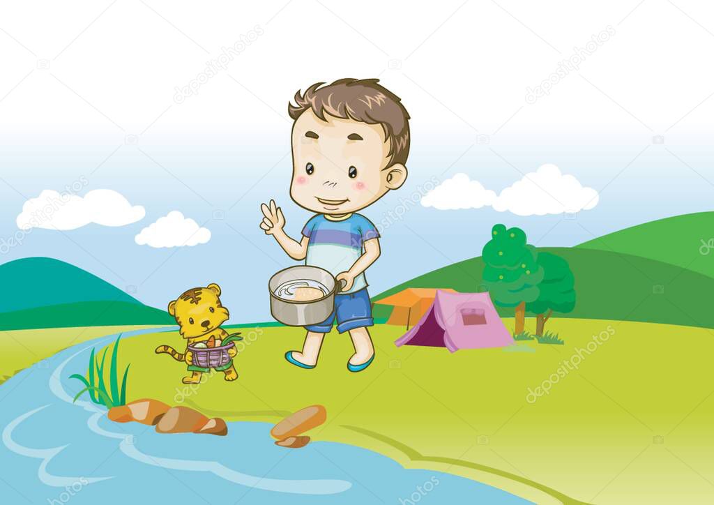 boy camping with cat