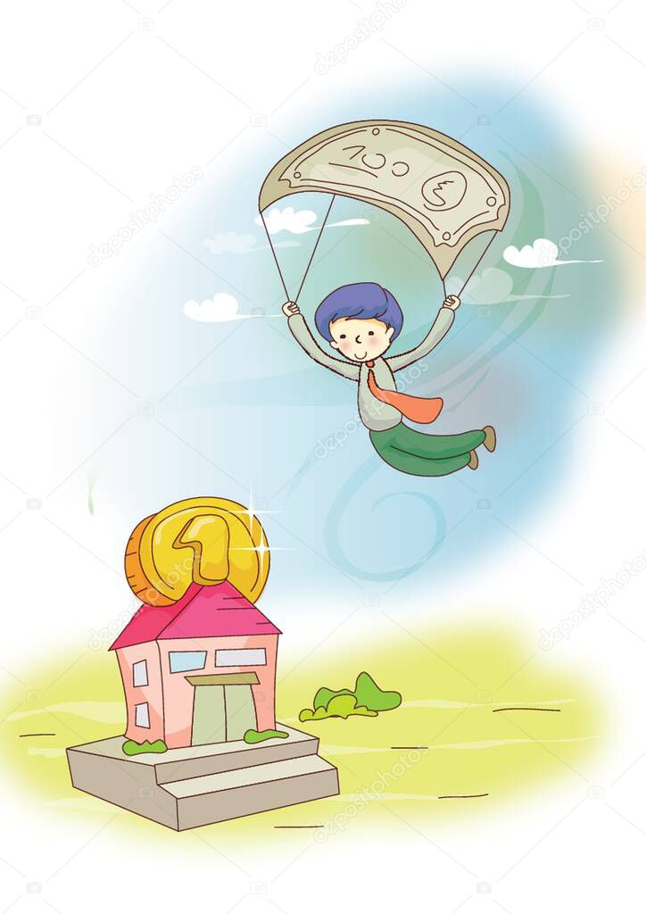 boy flying currency parachute