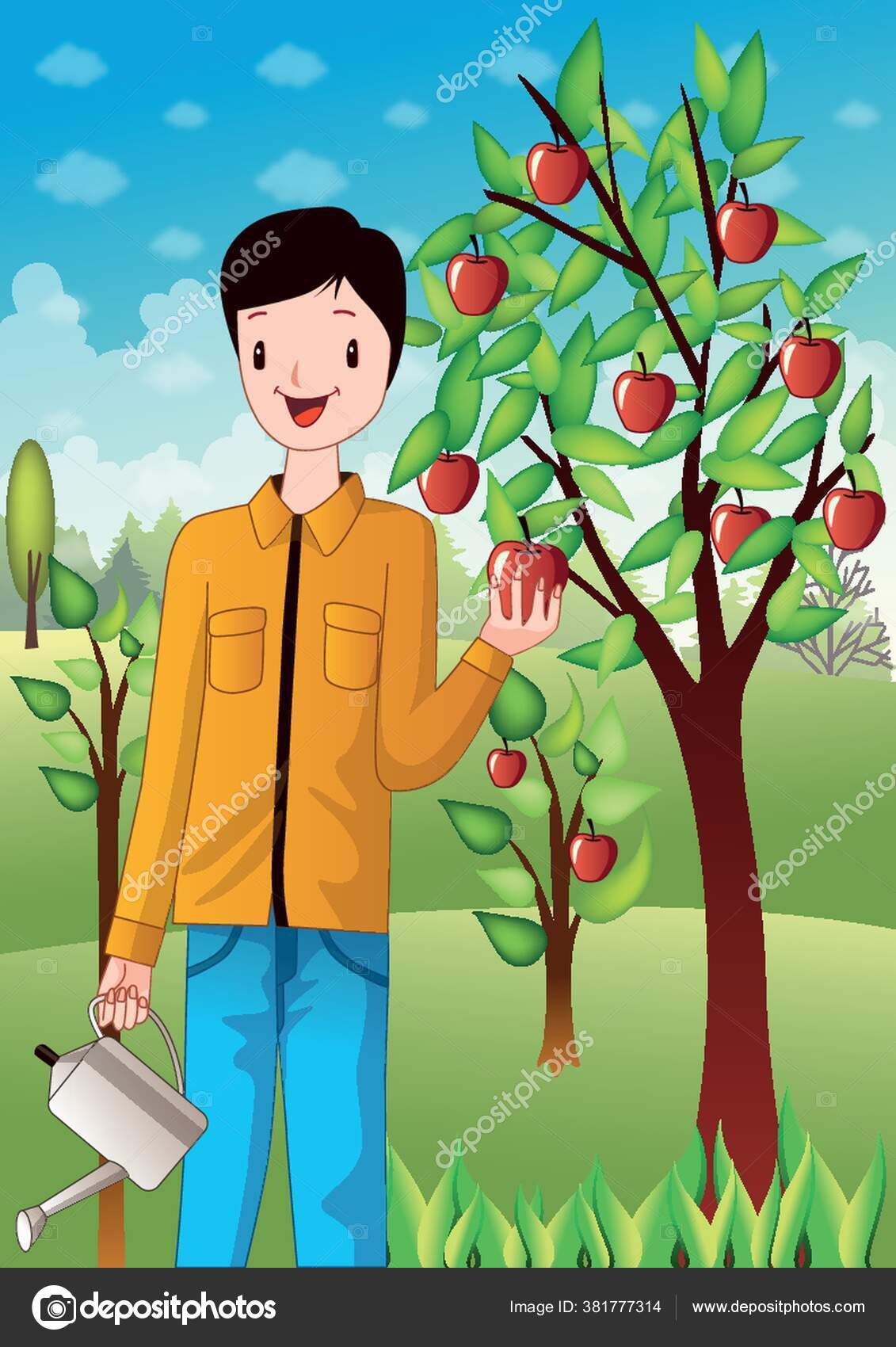 Мальчик Срывает Яблоки Дерева Векторное Изображение ©captainvector.
