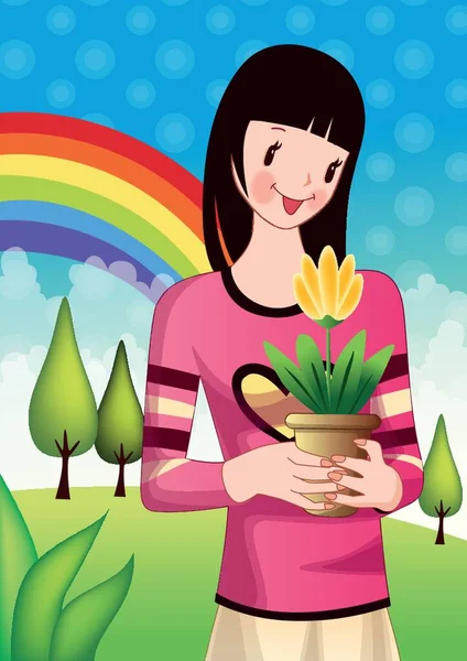 Niña Sosteniendo Planta Maceta — Vector de stock