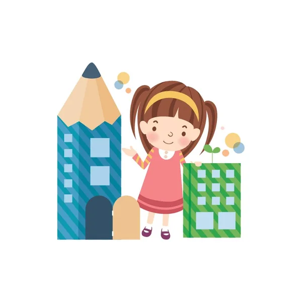 School Girl Pencil Building — Stock Vector