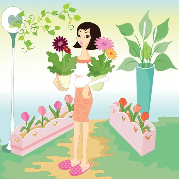 Mujer Jardín Flores Con Macetas — Vector de stock