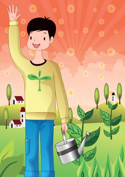boy holding water can and waving hand