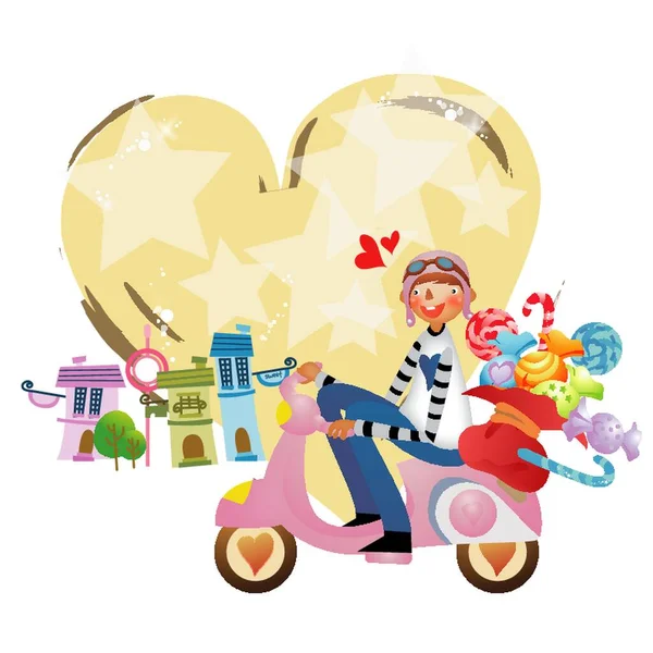 骑摩托车提着糖袋的男孩 — 图库矢量图片