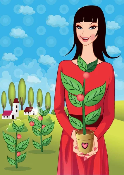 Niña Sosteniendo Planta Maceta — Vector de stock