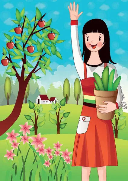 Girl Holding Flower Pot Waving Hand — Stock Vector