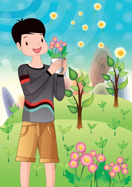 boy holding flower pot in hands