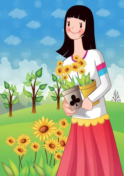 Girl Holding Flower Pots Hands — Stock Vector