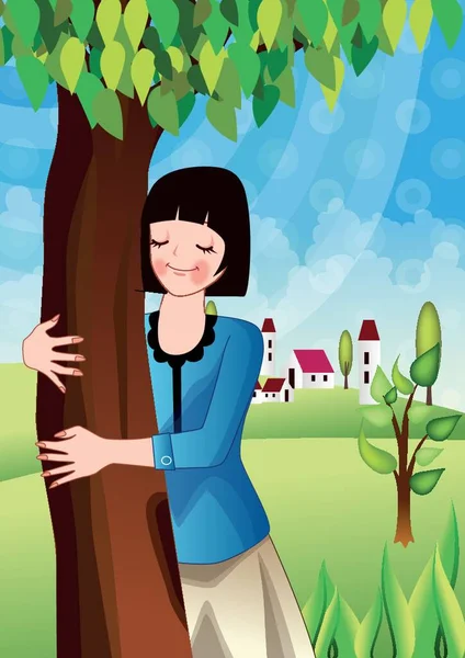 Mujer Joven Abrazando Árbol Imagen Gareth Brown Corbis — Vector de stock