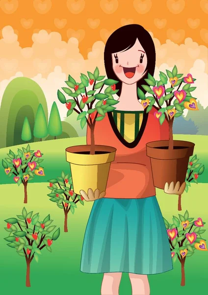 Girl Holding Potted Plants Hands — Stock Vector