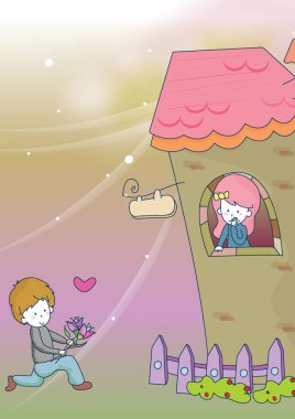 Buketli çocuk kıza evlenme teklif ediyor.