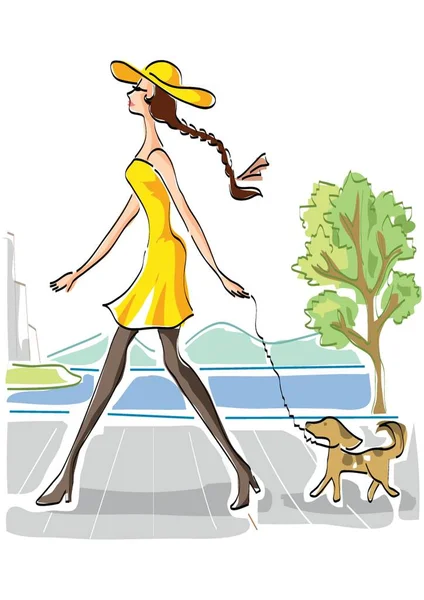 Mujer Paseando Perro — Vector de stock