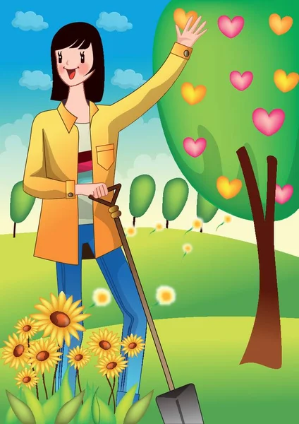 Girl Holding Shovel Waving Hand — Stock Vector