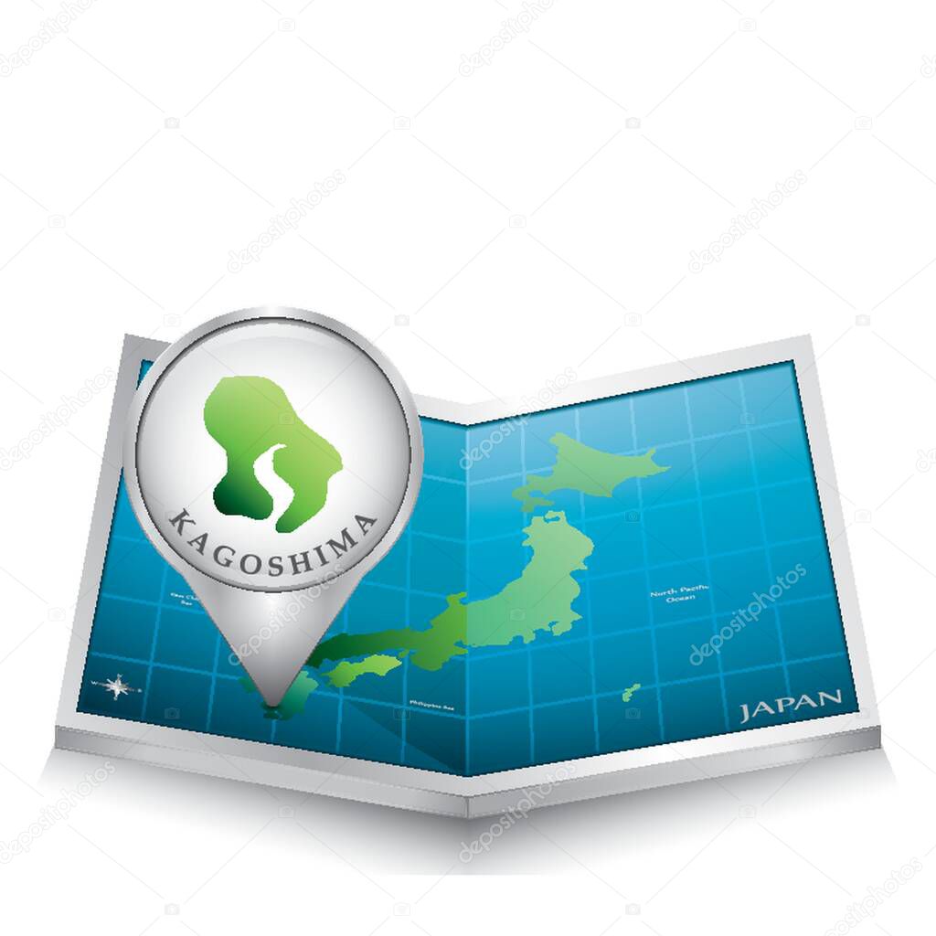 map pointer indicating kagoshima on japan paper map
