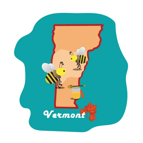 Vermont Mapa Estado Com Abelhas Mel — Vetor de Stock