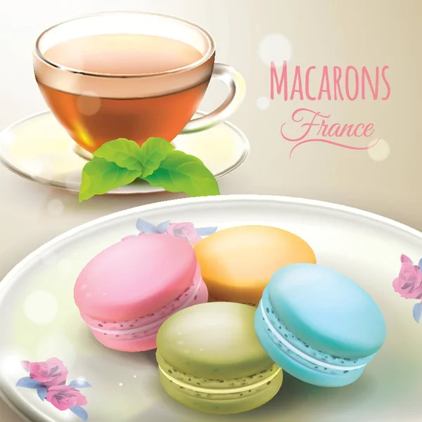 Macarons Mit Einer Tasse Tee — Stockvektor