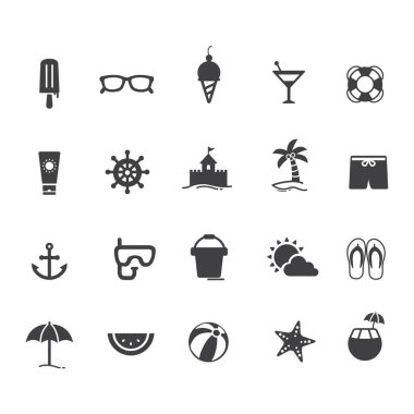 Plaj simgeleri kümesi biçimlendirilmiş vektör illüstrasyonu