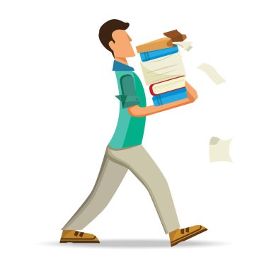 Sırt çantası ve kitabı olan bir adamın çizgi film karakteri.