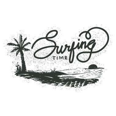 Palmiye ağaçları ve palmiyelerle dolu yaz plajı posteri. vektör illüstrasyonu