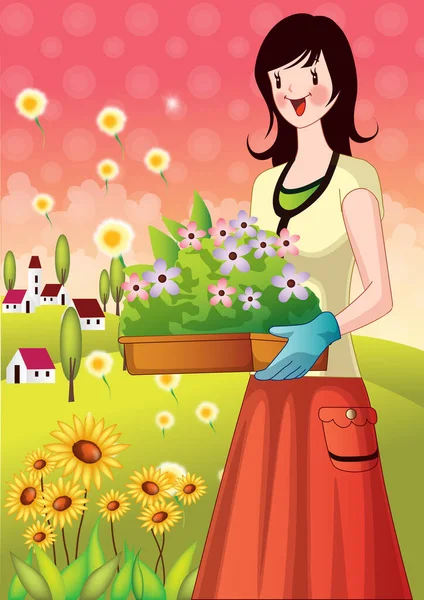 Chica Jardín Con Flores — Vector de stock