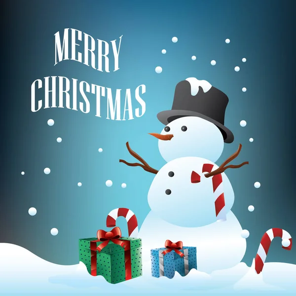 Weihnachtsgrußkarte Mit Schneemann Und Geschenk — Stockvektor