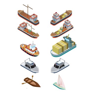 İzometrik gemiler vektör illüstrasyonunu biçimlendirdi