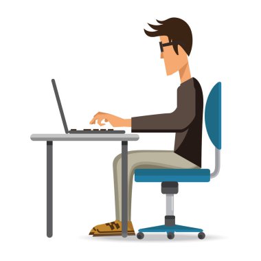 Dizüstü bilgisayarla masada oturan bir adamın vektör çizimi