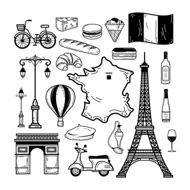 Paris 'in vektör simgeleri ve ünlü semboller kümesi