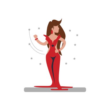 Mikrofonlu kırmızı elbiseli kız.