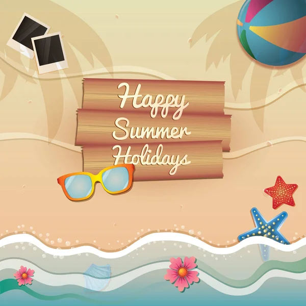 Vector Image Happy Summer Holidays Text Wooden Boards — Stock Vector