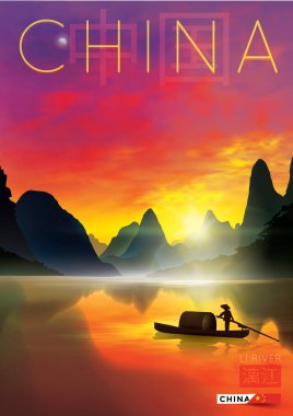 Gün batımlı bir dağ manzarasının vektör çizimi