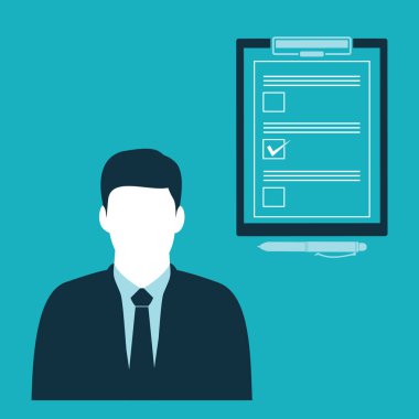 Pano ve kontrol listesi simgesi olan işadamı, vektör illüstrasyonu