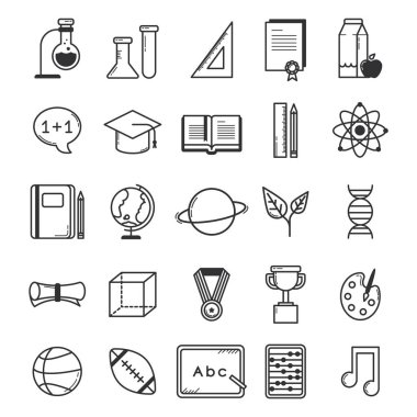 Okul simgeleri düz bir şekilde dizilmiş. vektör illüstrasyonu