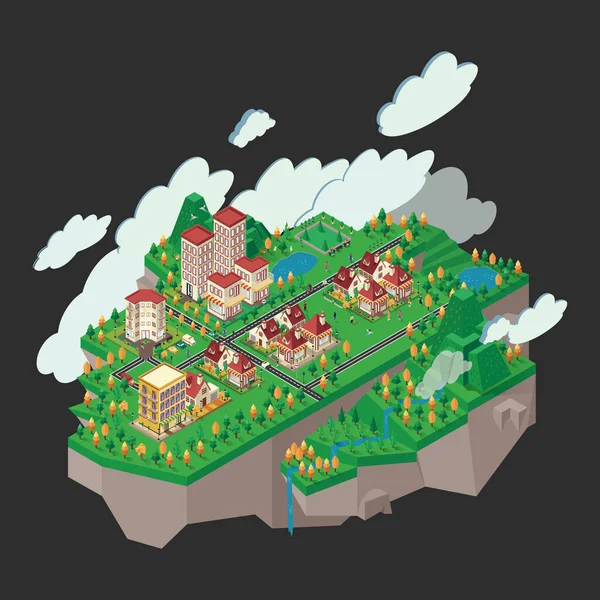Vue Isométrique Ville Avec Les Maisons Campagne — Image vectorielle