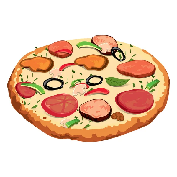 Pizza Met Salami Kaas Tomaten Olijven Basilicum Plakjes Vector Illustratie — Stockvector