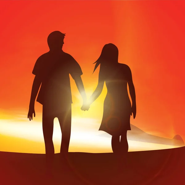 Siluet Pasangan Yang Jatuh Cinta Saat Matahari Terbenam - Stok Vektor
