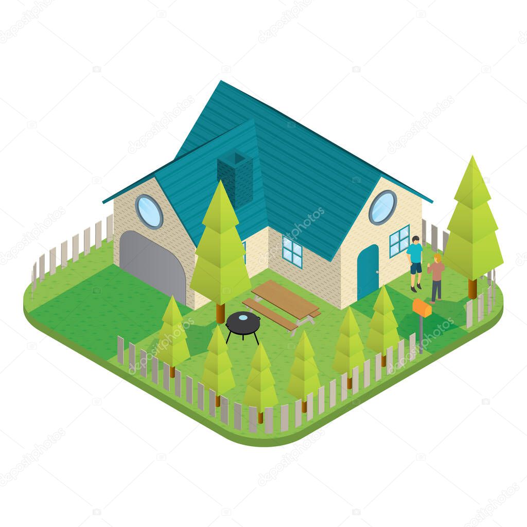 isometric view of a house with a road in the city