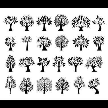 Beyaz arkaplanda izole edilmiş ağaç siluetleri