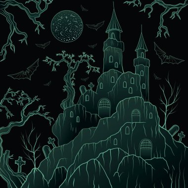 Cadılar Bayramı 'nda kayalıklarda mezarlık olan karanlık bir kalenin vektör görüntüsü. 