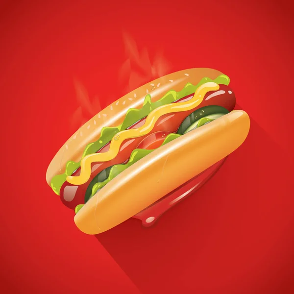 Hot Dog Con Ketchup Sobre Fondo Rojo — Vector de stock