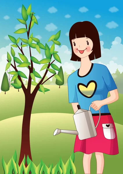 Ilustración Una Chica Con Una Mochila Parque — Vector de stock